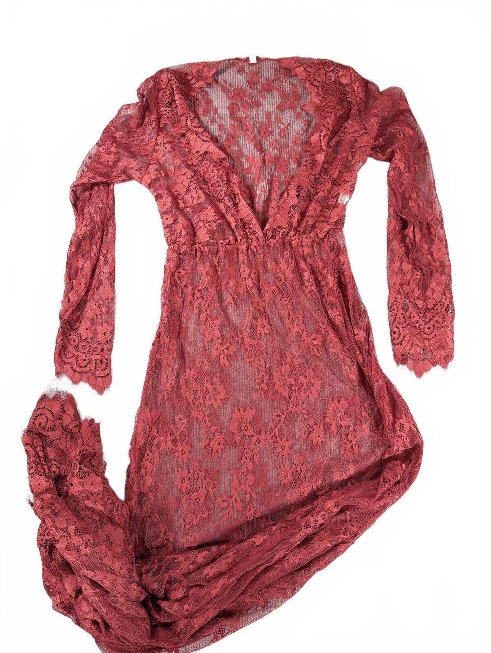 Red Sheer Floral Lace Duster Robe Long Sleeve Maxi Cover Up Women’s Medium